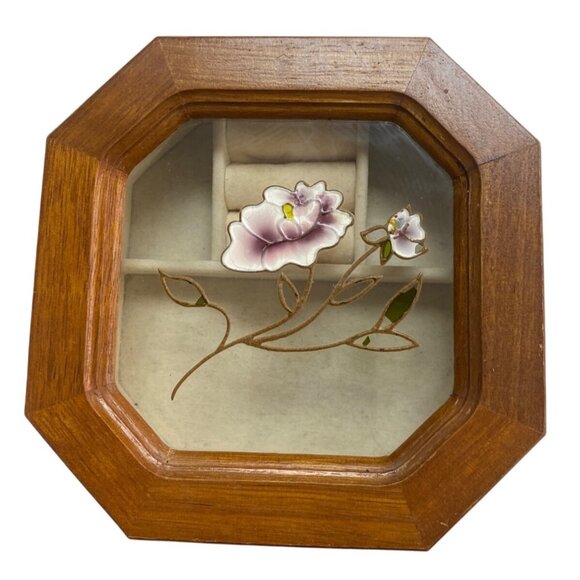Vintage Octagon Jewelry Box Flower Glass Lid - Picture 1 of 6